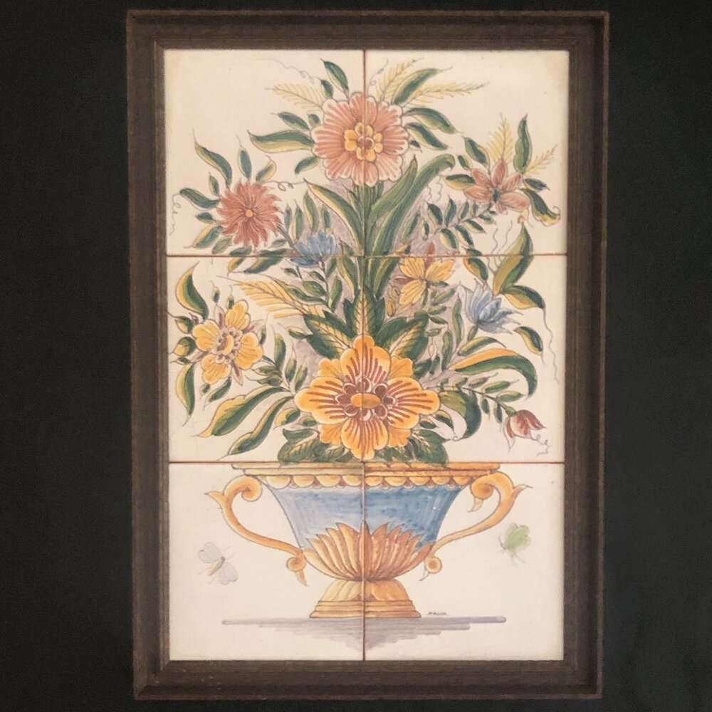 Delft 6 Tile Tableau of "Flowers In Vase" Framed Polychrome Tiles by WestRaven